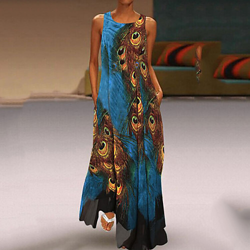 

Women's A Line Dress Maxi long Dress Light Blue Sleeveless Print Feathers Spring & Summer Round Neck Plus Size M L XL XXL 3XL
