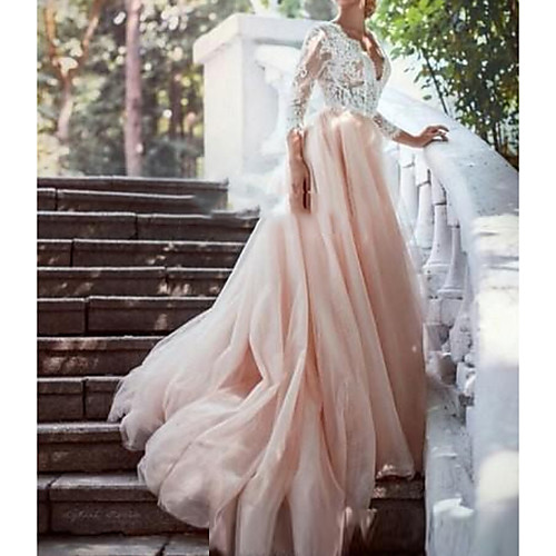 

A-Line Wedding Dresses Plunging Neck Sweep / Brush Train Polyester 3/4 Length Sleeve Country Plus Size with Lace Insert Appliques 2021