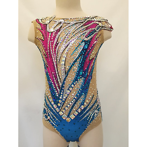 

21Grams Rhythmic Gymnastics Leotards Artistic Gymnastics Leotards Women's Girls' Leotard Blue Spandex High Elasticity Breathable Handmade Jeweled Diamond Look Sleeveless Training Dance Rhythmic