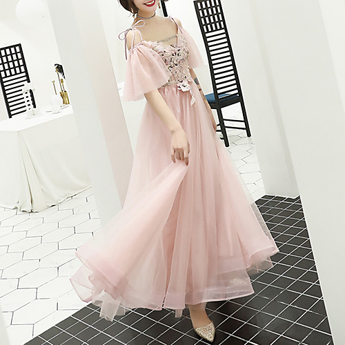 

A-Line Floral Prom Formal Evening Dress V Neck Short Sleeve Floor Length Tulle with Appliques 2021