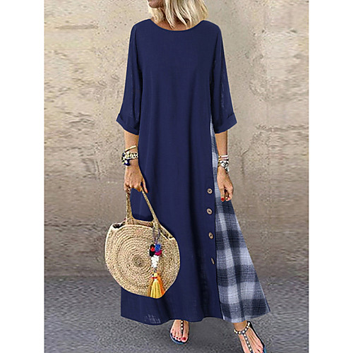 

Women's A Line Dress Maxi long Dress Orange Green Navy Blue 3/4 Length Sleeve Color Block Spring Summer Round Neck Hot Casual 2021 M L XL XXL 3XL 4XL 5XL / Plus Size
