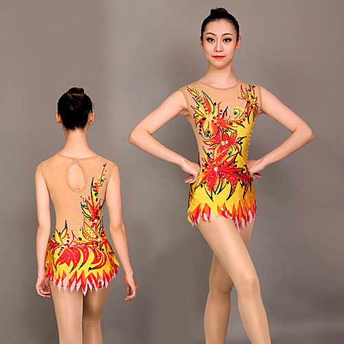 

Rhythmic Gymnastics Leotards Artistic Gymnastics Leotards Women's Girls' Leotard Yellow Spandex High Elasticity Handmade Jeweled Diamond Look Sleeveless Competition Dance Rhythmic Gymnastics Artistic