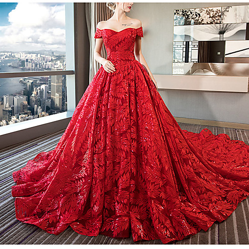 

Ball Gown Wedding Dresses Off Shoulder Watteau Train Lace Tulle Sequined Short Sleeve Formal Romantic Sexy Plus Size Red with Lace 2021