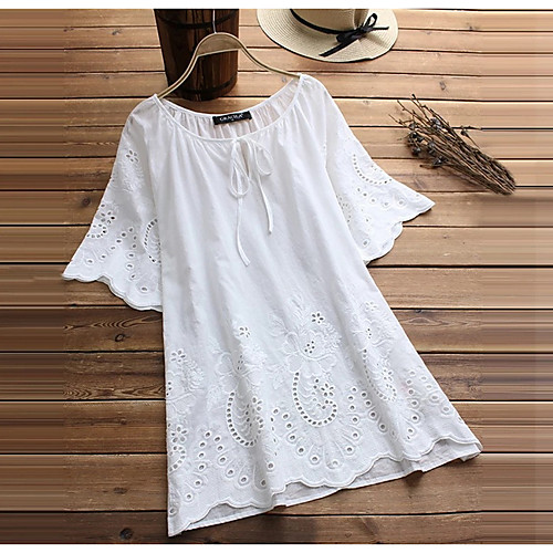 

Women's Plus Size Solid Colored Loose Blouse - Cotton Daily White / Light Green