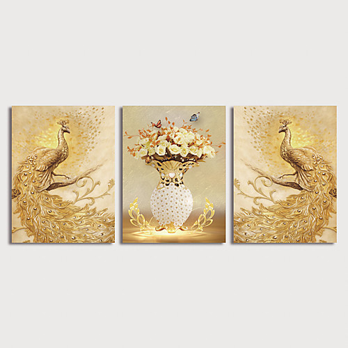 

Print Canvas Painting Golden-Peacocks and Flower in Vase Modern Art Prints set of 3 with Stretcher