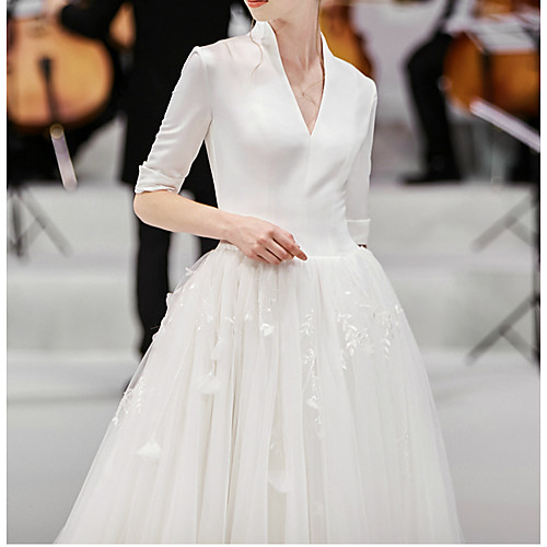 

Ball Gown Wedding Dresses V Neck Watteau Train Lace Satin Tulle Half Sleeve Formal Simple Plus Size with Lace Insert Appliques 2021
