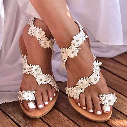 

Women's Sandals Boho Bohemia Beach Flat Sandals Flat Heel Round Toe Flat Sandals Boho Daily Beach PU White