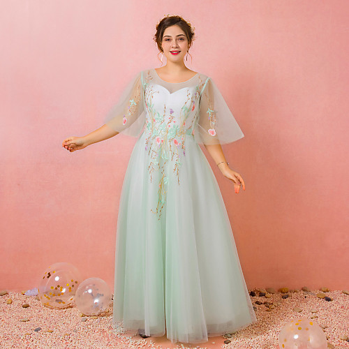 

A-Line Plus Size Floral Prom Formal Evening Dress Jewel Neck Half Sleeve Floor Length Lace Satin Tulle with Pleats Embroidery 2021