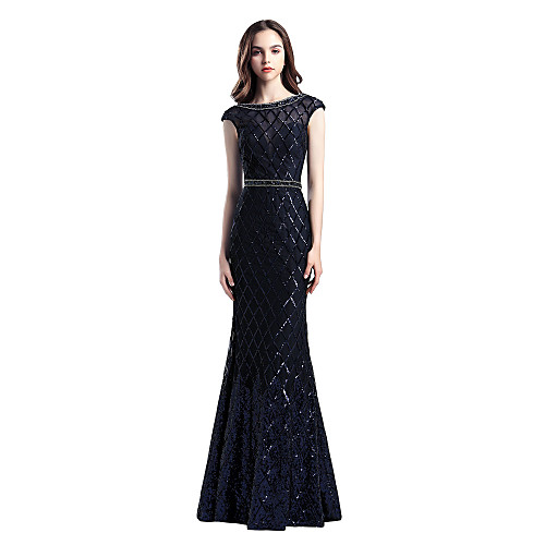 

Mermaid / Trumpet Glittering Beautiful Back Engagement Formal Evening Dress Illusion Neck Short Sleeve Floor Length Tulle with Sash / Ribbon Beading Sequin 2021