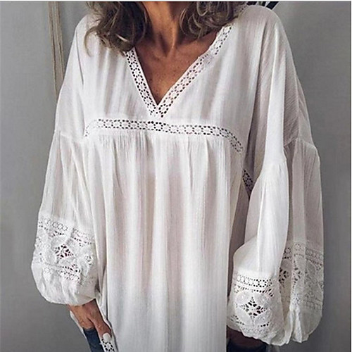 

Women's Solid Colored Lace Embroidery Hollow Out Loose Blouse - Lace Cotton Daily Vacation Beach V Neck White / Black