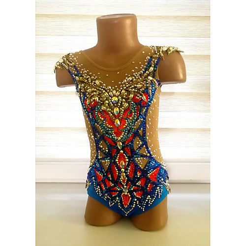 

21Grams Rhythmic Gymnastics Leotards Artistic Gymnastics Leotards Women's Girls' Leotard Blue Spandex High Elasticity Breathable Handmade Jeweled Diamond Look Sleeveless Training Dance Rhythmic