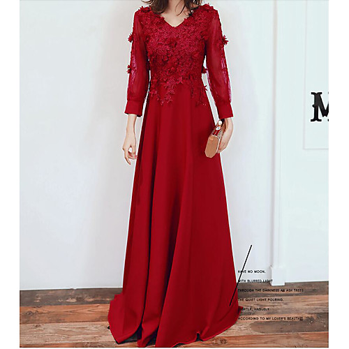 

A-Line Empire Engagement Formal Evening Dress V Neck 3/4 Length Sleeve Floor Length Spandex with Appliques 2021