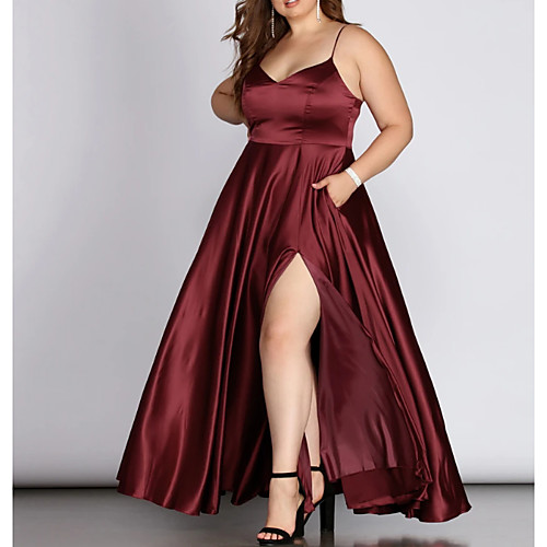

A-Line Plus Size Engagement Prom Dress V Neck Sleeveless Floor Length Charmeuse with Pleats Split 2021