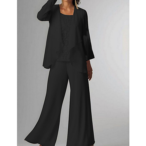 

Pantsuit / Jumpsuit Mother of the Bride Dress Elegant Jewel Neck Floor Length Chiffon 3/4 Length Sleeve with Ruching 2021