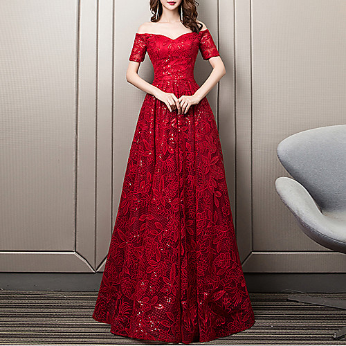 

A-Line Floral Wedding Guest Formal Evening Dress Sweetheart Neckline Short Sleeve Floor Length Lace with Sequin Embroidery 2021