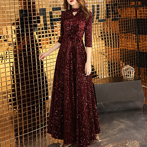 

A-Line Glittering Prom Formal Evening Dress High Neck Half Sleeve Floor Length Sequined with Sequin 2021