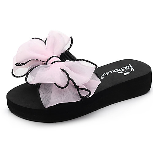 

Women's Slippers & Flip-Flops Flat Heel Open Toe Bowknot Polyester Casual / Minimalism Walking Shoes Summer Black / Fuchsia / Navy Blue