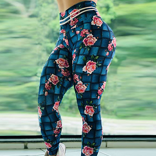 

Women's High Waist Yoga Pants Winter Floral Print Dark Blue Elastane Running Fitness Gym Workout Tights Leggings Sport Activewear Breathable Moisture Wicking Butt Lift Tummy Control High Elasticity