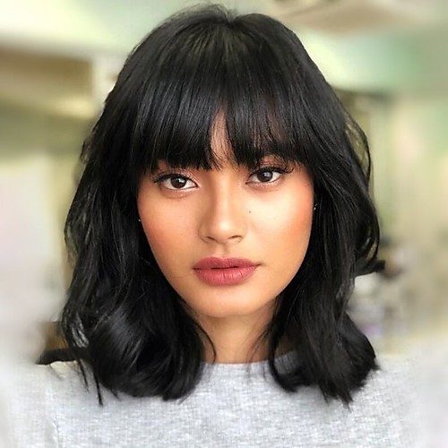 

Human Hair Glueless Lace Front Lace Front Wig Bob Free Part With Bangs Kardashian style Brazilian Hair Straight Brown Natural Black Wig 130% 150% 180% Density 8-20 inch with Baby Hair Natural / Short