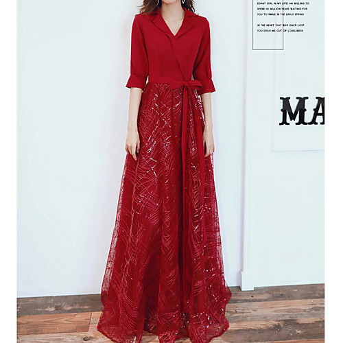 

A-Line Sparkle Engagement Formal Evening Dress V Neck 3/4 Length Sleeve Floor Length Spandex Lace with Bow(s) Sequin 2021