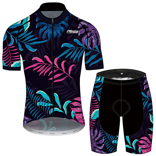 

21Grams Men's Short Sleeve Cycling Jersey with Shorts Spandex Black / Blue Leaf Floral Botanical Bike UV Resistant Quick Dry Breathable Sports Leaf Mountain Bike MTB Road Bike Cycling Clothing Apparel