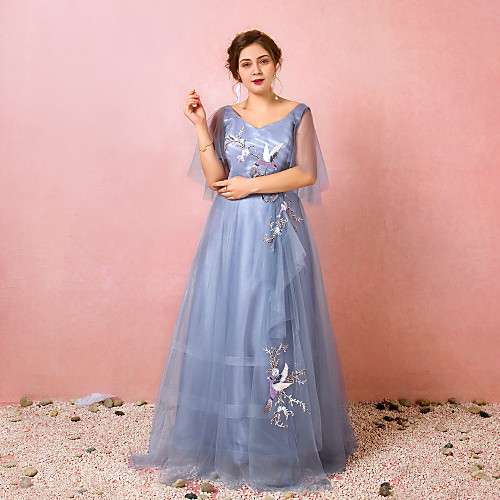 

A-Line Chinese Style Prom Formal Evening Dress V Neck Half Sleeve Floor Length Lace Satin Tulle with Ruched Embroidery 2021