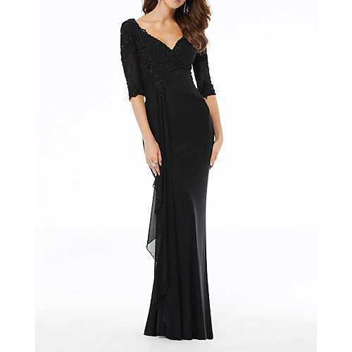 

Sheath / Column Elegant Wedding Guest Formal Evening Dress V Neck Half Sleeve Sweep / Brush Train Polyester with Beading Draping Appliques 2021