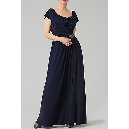 

A-Line Mother of the Bride Dress Elegant Cowl Neck Floor Length Chiffon Polyester Short Sleeve with Crystals Beading 2021