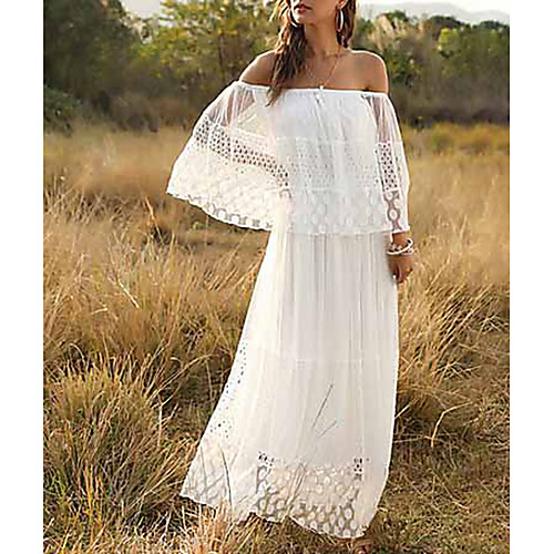 

Women's Maxi A Line Dress - 3/4 Length Sleeve Solid Color Ruffle Summer Off Shoulder Holiday Beach White S M L XL / Lace