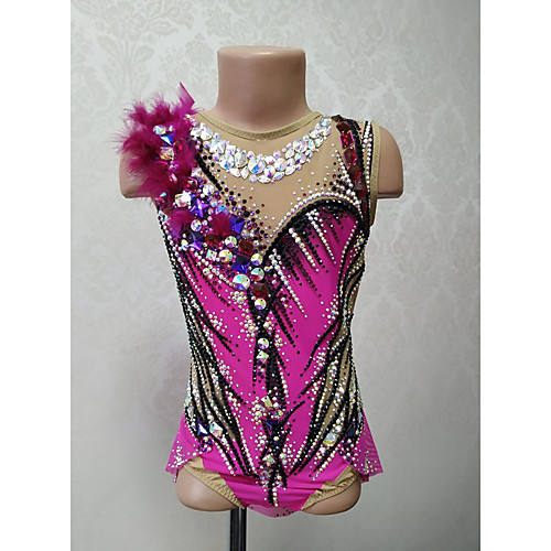 

21Grams Rhythmic Gymnastics Leotards Artistic Gymnastics Leotards Women's Girls' Leotard Fuchsia Spandex High Elasticity Breathable Handmade Jeweled Diamond Look Sleeveless Training Dance Rhythmic