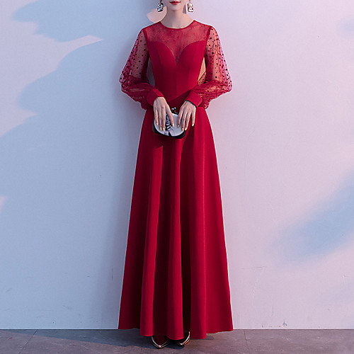 

A-Line Elegant Wedding Guest Prom Dress Illusion Neck Jewel Neck Long Sleeve Floor Length Spandex Tulle with Beading 2021