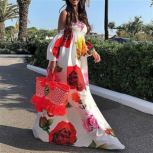 

Women's Maxi Swing Dress - Long Sleeve Floral Off Shoulder Holiday Vacation Beach White Black S M L XL