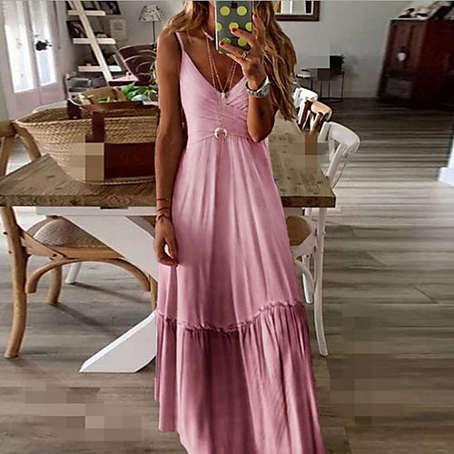 

Women's A Line Dress Maxi long Dress Blue Purple Yellow Blushing Pink Wine Gray Sleeveless Solid Color Pleated Summer V Neck S M L XL XXL 3XL 4XL 5XL / Plus Size