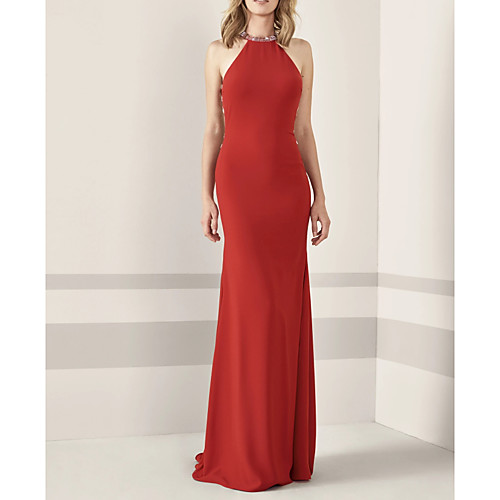 

Sheath / Column Elegant Engagement Prom Dress Halter Neck Sleeveless Sweep / Brush Train Chiffon with Sleek Beading 2021