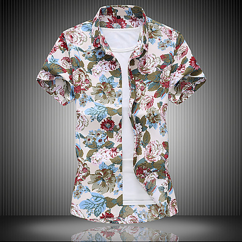 

Men's Geometric Shirt - Cotton Basic Beach Classic Collar White / Navy Blue / Short Sleeve