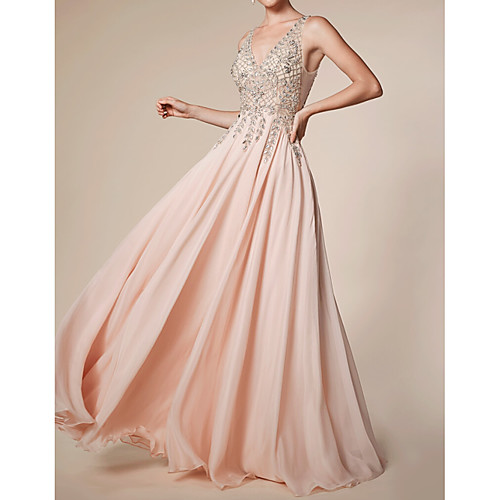 

A-Line Empire Engagement Prom Dress V Neck Sleeveless Floor Length Chiffon with Beading Sequin Appliques 2021