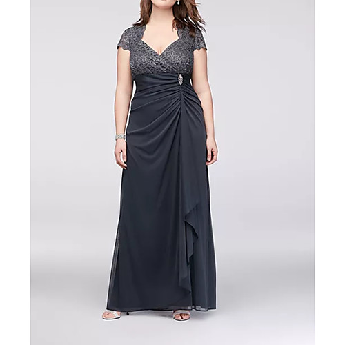 

Sheath / Column Mother of the Bride Dress Elegant V Neck Floor Length Chiffon Polyester Short Sleeve with Beading Sequin 2021