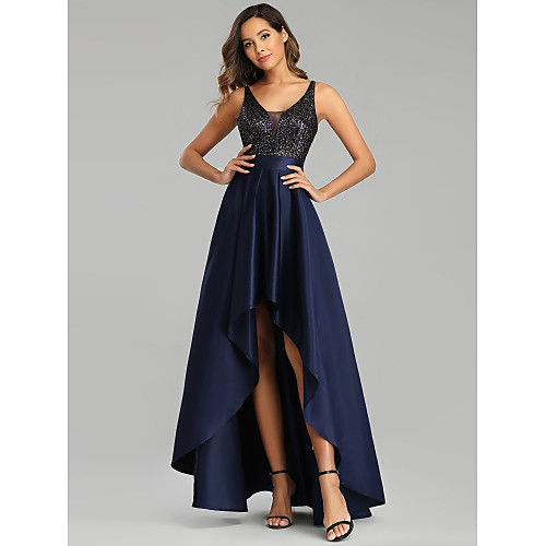 

A-Line Sexy Prom Formal Evening Dress V Neck Sleeveless Asymmetrical Satin Polyester with Sequin 2021