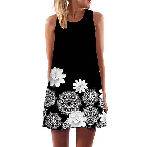 

Women's A Line Dress - Sleeveless Floral Black S M L XL XXL XXXL
