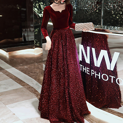 

A-Line Glittering Prom Formal Evening Dress Scoop Neck Long Sleeve Floor Length Sequined Velvet with Sequin 2021