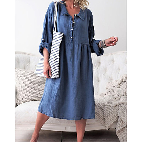 

Women's Shirt Dress - Long Sleeve Solid Color Shirt Collar Blue Purple Army Green Orange Khaki S M L XL XXL