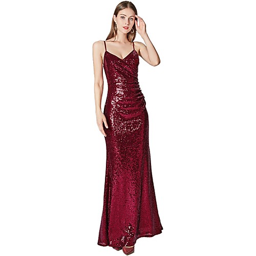 

Sheath / Column Sparkle Prom Formal Evening Dress Spaghetti Strap Sleeveless Floor Length Tulle Sequined with Sequin 2021