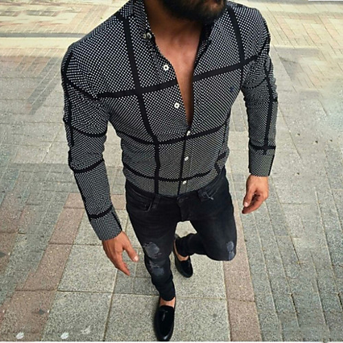 

Men's Striped Plaid Print Shirt Daily Button Down Collar Black / Spring / Fall / Long Sleeve