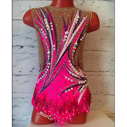 

21Grams Rhythmic Gymnastics Leotards Artistic Gymnastics Leotards Women's Girls' Leotard Fuchsia Spandex High Elasticity Breathable Handmade Jeweled Diamond Look Sleeveless Competition Dance Rhythmic