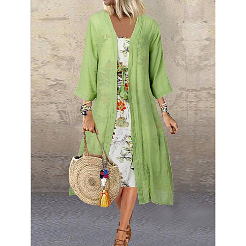 

Women's Shift Dress Maxi long Dress Green Navy Blue 3/4 Length Sleeve Print Round Neck M L XL XXL 3XL 4XL 5XL
