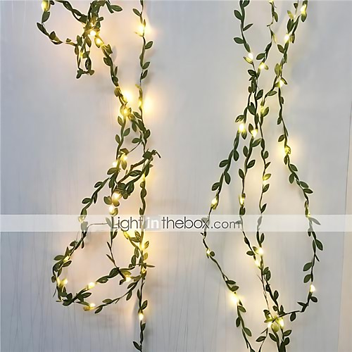 

5M 50Leds Tiny Green Leaves Garland Fairy Light Led Copper Wire String Lights For Wedding Forest Table Christmas Home Party Decoration Warm White Lighting AA Battery Power (come without battery)