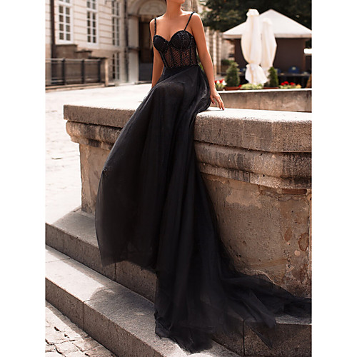 

A-Line Sexy Engagement Formal Evening Dress Sweetheart Neckline Sleeveless Court Train Tulle with Beading Sequin 2021