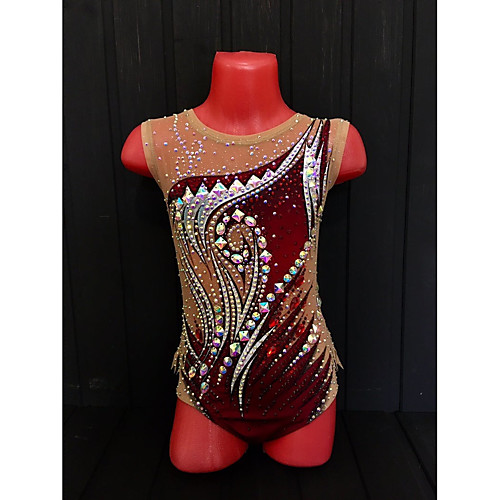 

21Grams Rhythmic Gymnastics Leotards Artistic Gymnastics Leotards Women's Girls' Leotard Drak Red Spandex High Elasticity Breathable Handmade Jeweled Diamond Look Sleeveless Training Dance Rhythmic