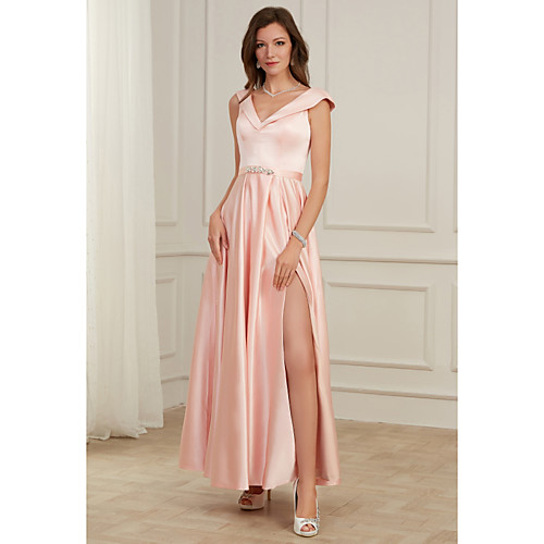 

A-Line Spring Party Wear Prom Dress V Neck Sleeveless Floor Length Satin with Beading Split 2021