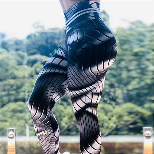 

Women's High Waist Yoga Pants Print Black with White Running Fitness Gym Workout Leggings Sport Activewear Quick Dry Butt Lift Tummy Control High Elasticity Skinny
